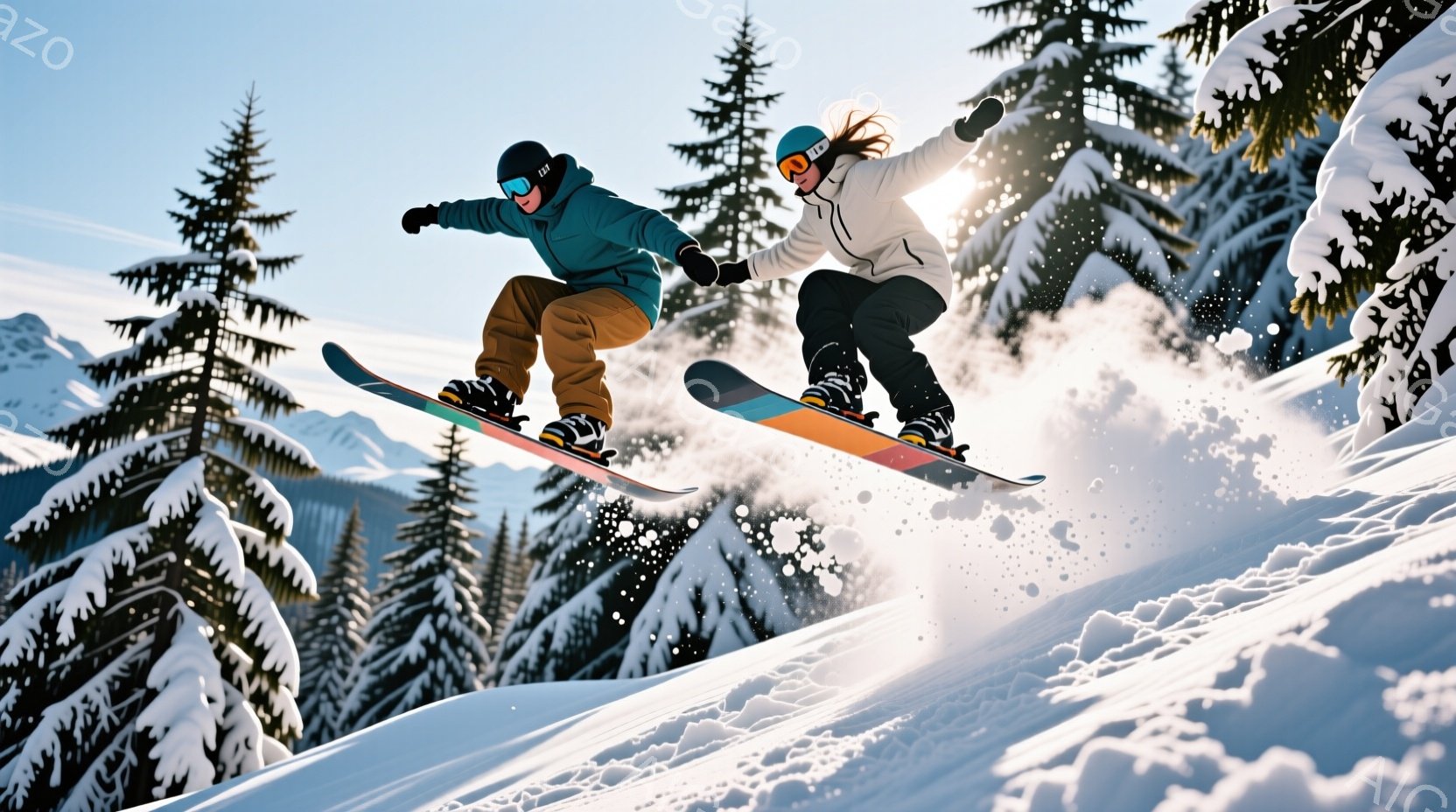 雪山でスノーボードを楽しむ男女が写っている。男性はターコイズブルーのジャケットにカーキ色のズボンを着用し、女性は白のジャケットに黒のズボン姿で、共にゴーグルをかけ、空中でスノーボードを楽しんでいる。背 - AI生成フリー素材