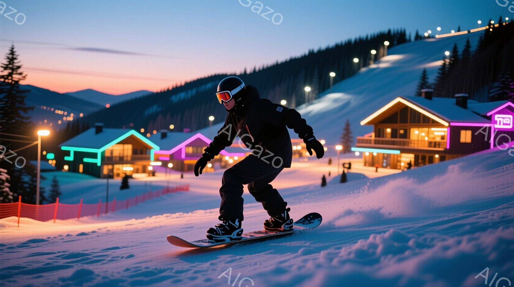 スノーボードをする男性が写っており、黒のスキーウェア、ヘルメット、ゴーグルを着用しています。彼は雪の上を滑っており、膝を曲げ、バランスを取りながら前傾姿勢をとっています。背景には雪に覆われた山々と、カ - AI生成フリー素材