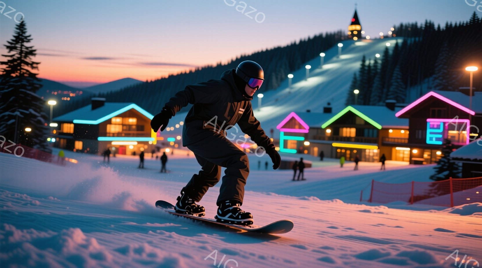 スノーボードを楽しむ男性が写っており、黒のウェアとヘルメット、ゴーグルを着用し、膝を曲げてボードに乗って疾走している。背景には、ライトアップされた可愛らしい建物群と雪山が広がり、夕焼け空がピンクとオレ - AI生成フリー素材