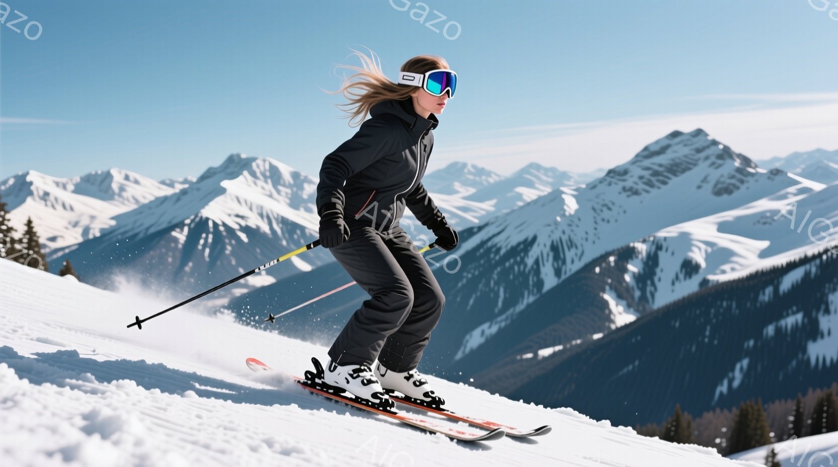 スキーヤーは黒いスキーウェアとゴーグルを着用し、雪の上を勢いよく滑っている。彼女は少し前かがみの姿勢で、左手にはスキーポールを持っている。背景には雪を抱いた山々が連なり、晴天の下、冬の爽やかな雰囲気が漂っている。