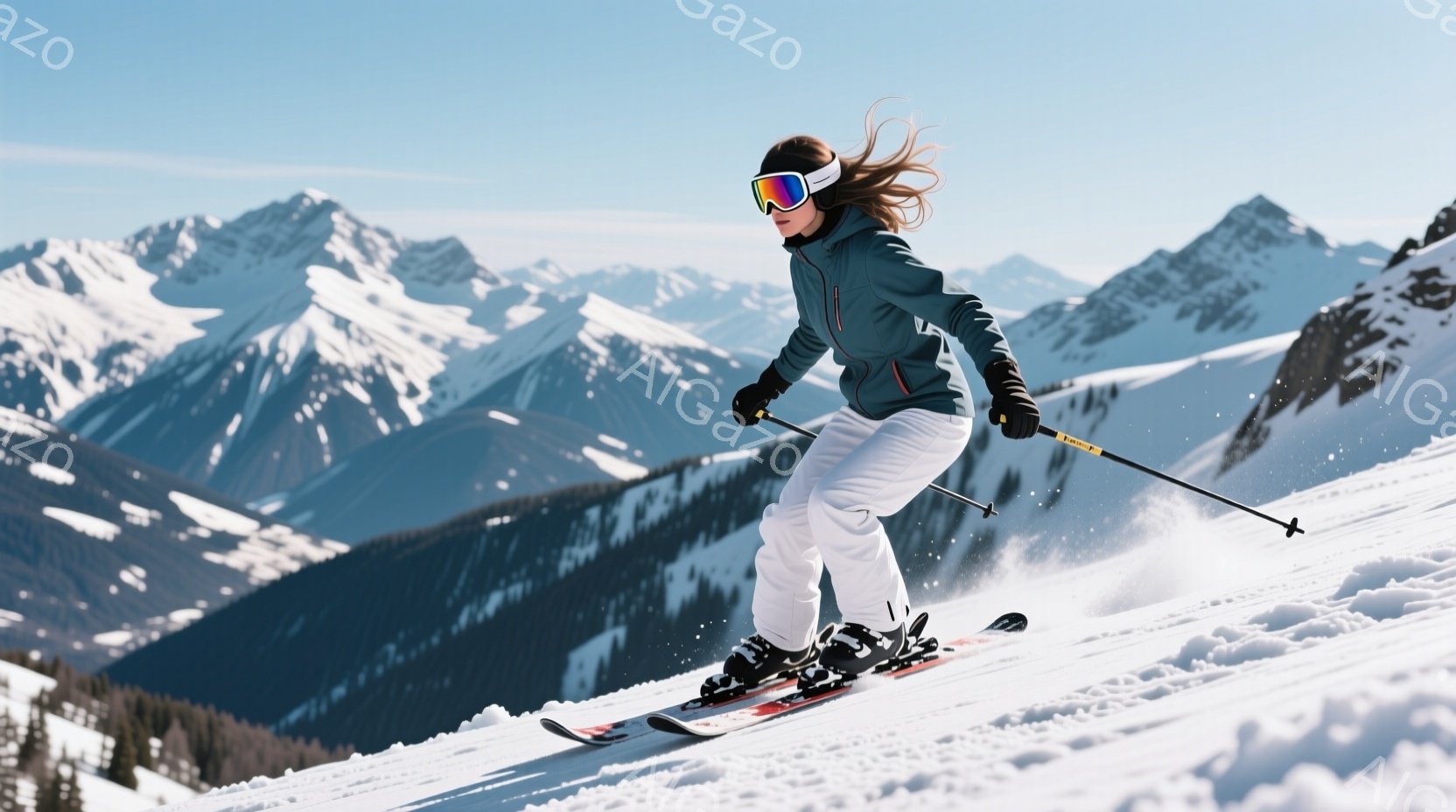 スキーヤーが雪山を滑走している様子が写っている。彼女は濃い茶色の髪を後ろで結い、黒のゴーグルと濃いグレーのジャケット、白いスキーパンツを着用し、躍動感のある姿勢で雪面を駆け抜けている。背景には雪を頂い - AI生成フリー素材