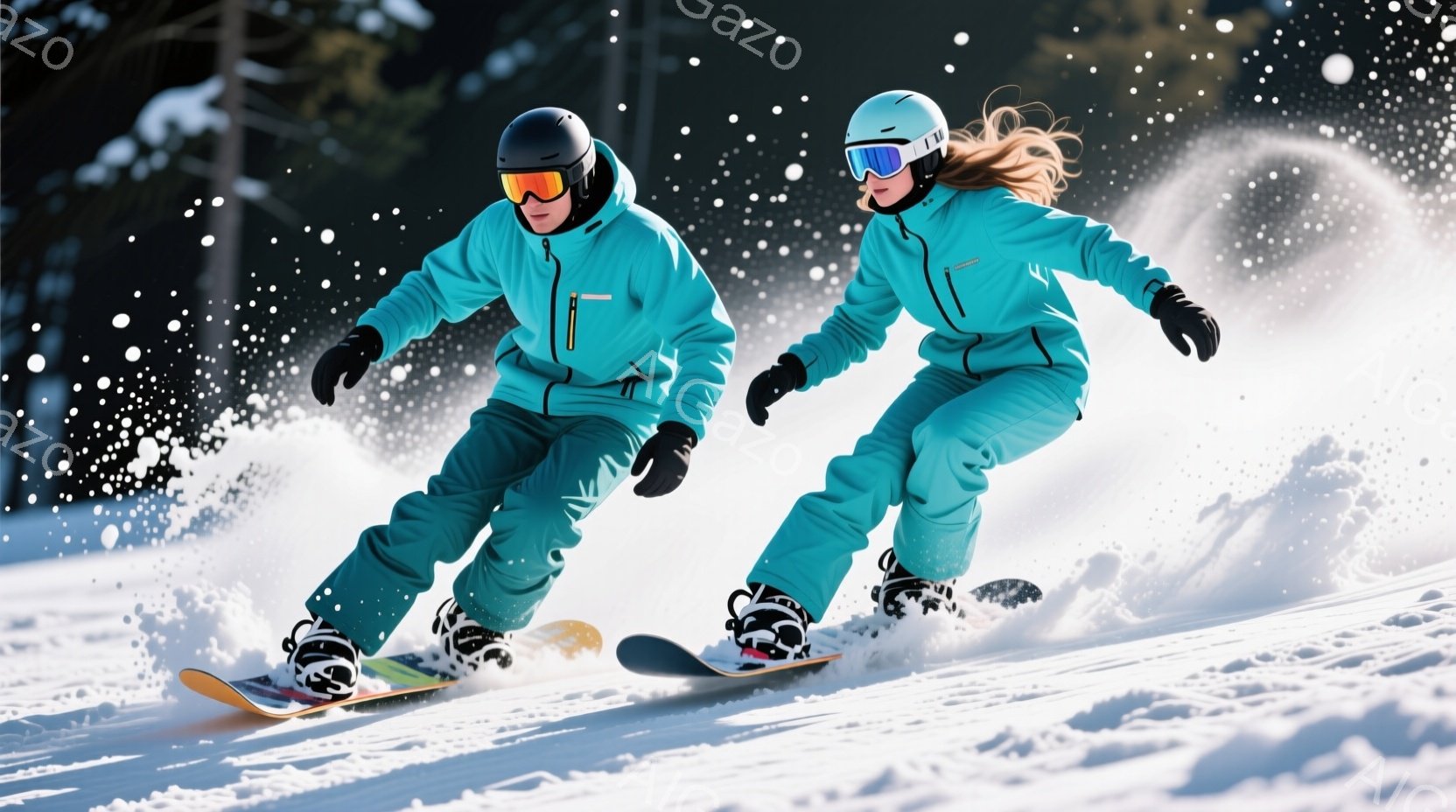 鮮やかなターコイズブルーのスキーウェアを身につけた男女が、雪山をスノーボードで滑走している様子が写っている。男性は黒髪で、女性は髪を後ろで三つ編みにしているが、ヘルメットとゴーグルで顔の表情はよく見え - AI生成フリー素材
