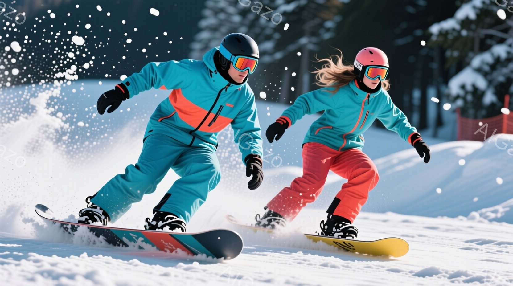 スノーボードを楽しむ男女が写っています。男性は濃い青色のジャケットとズボンを着用し、女性は青いジャケットにピンク色のズボンを着用しています。二人は雪上を疾走し、スノーボードから雪が舞い上がっており、背景には雪山とスキーリゾートの建物が見えます。