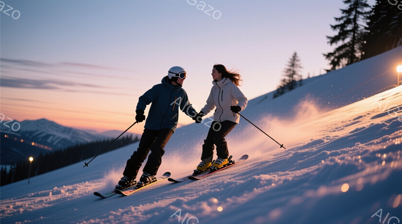 スキーヤーのカップルが雪の上を滑っている様子が写っている。男性は黒いヘルメットとゴーグルを着用し、濃い青色のスキーウェアに身を包み、女性は長い髪をなびかせながら白いスキーウェアを着ている。背景には雪を - AI生成フリー素材