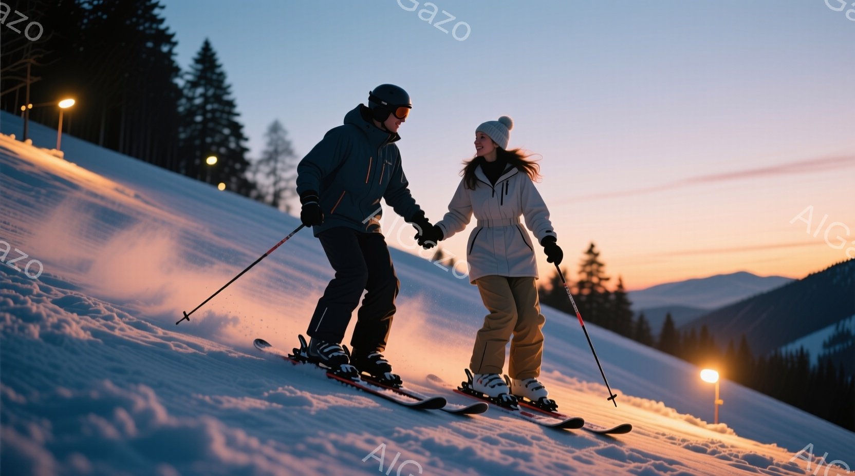 スキー場でスキーを楽しんでいる男女が写っている。男性は黒いヘルメットと黒いスキーウェアを着用し、女性は白いニット帽とベージュのスキーウェアを着用している。背景には雪をまとった山々と、夕焼けのようなオレンジ色の空が広がり、暖かく穏やかな雰囲気を醸し出している。