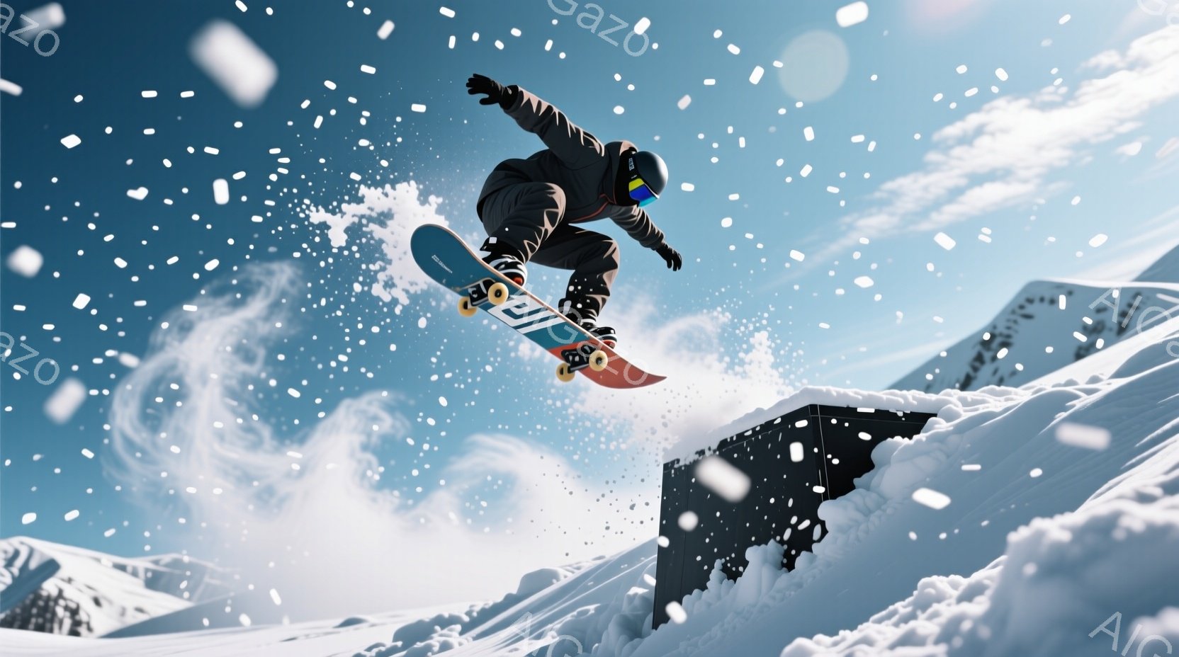 スノーボーダーが雪の斜面でジャンプを決めており、黒のウェアとヘルメットを着用しています。背景には雪山と青空が広がり、雪が舞い上がってダイナミックな雰囲気を演出しています。全体的に活気があり、エキサイティングなウィンタースポーツの瞬間を捉えた写真です。