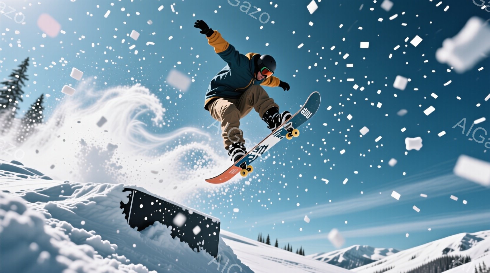 スノーボーダーが雪山でジャンプを決めている瞬間を捉えた写真です。彼は黒のヘルメットとゴーグルを着用し、濃い青色のジャケットとベージュ色のズボンを身に着けています。背景には雪に覆われた山々と青空が広がり、雪が舞う冬の躍動感あふれる雰囲気が漂っています。