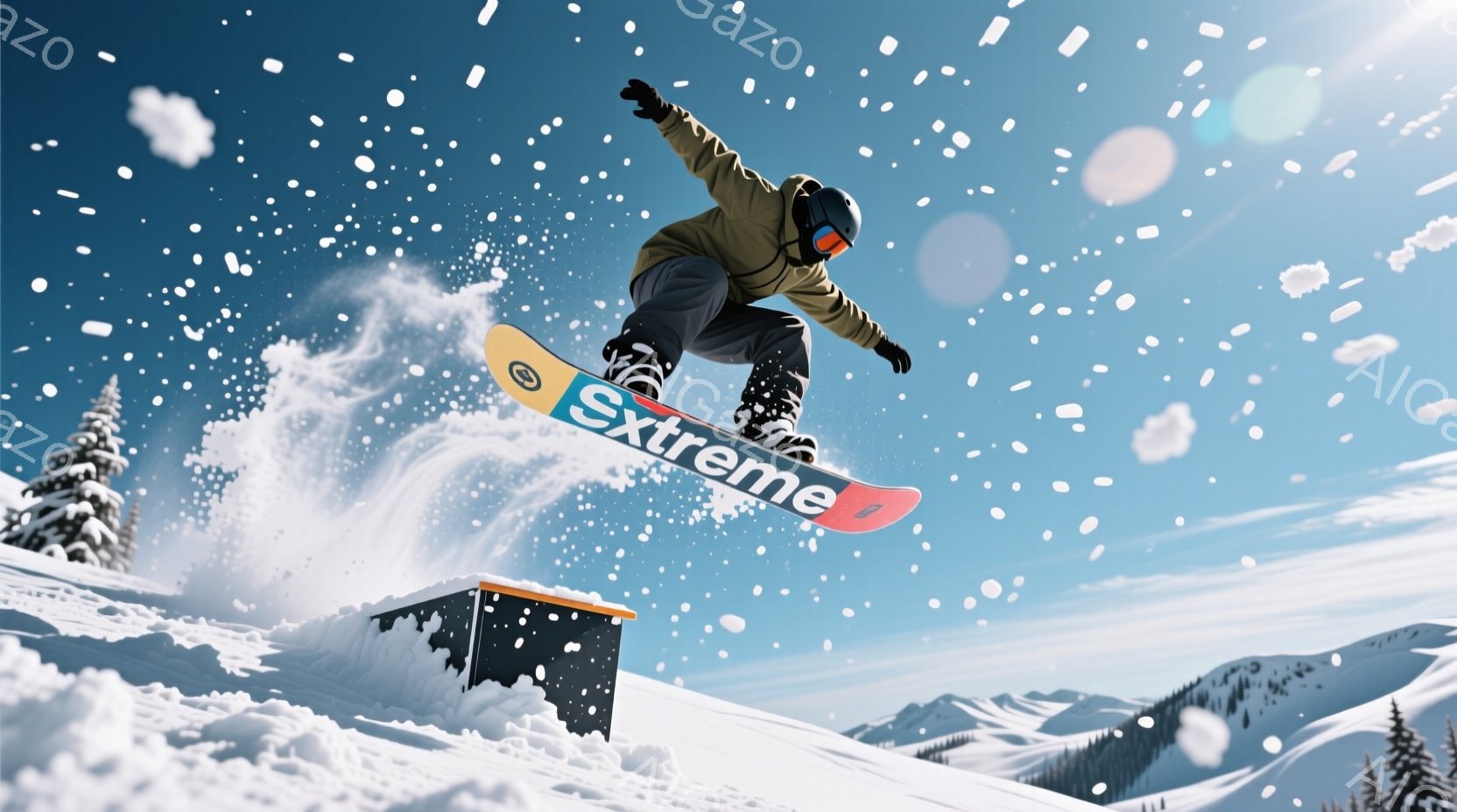 スノーボーダーが雪上パークのレールの上空でジャンプしている様子が捉えられています。彼は黒いヘルメットとゴーグルを着用し、黒と灰色のスノーボードウェアを着ています。背景には雪を頂いた山々と青空が広がり、雪が舞い散る冬の景色が広がっています。