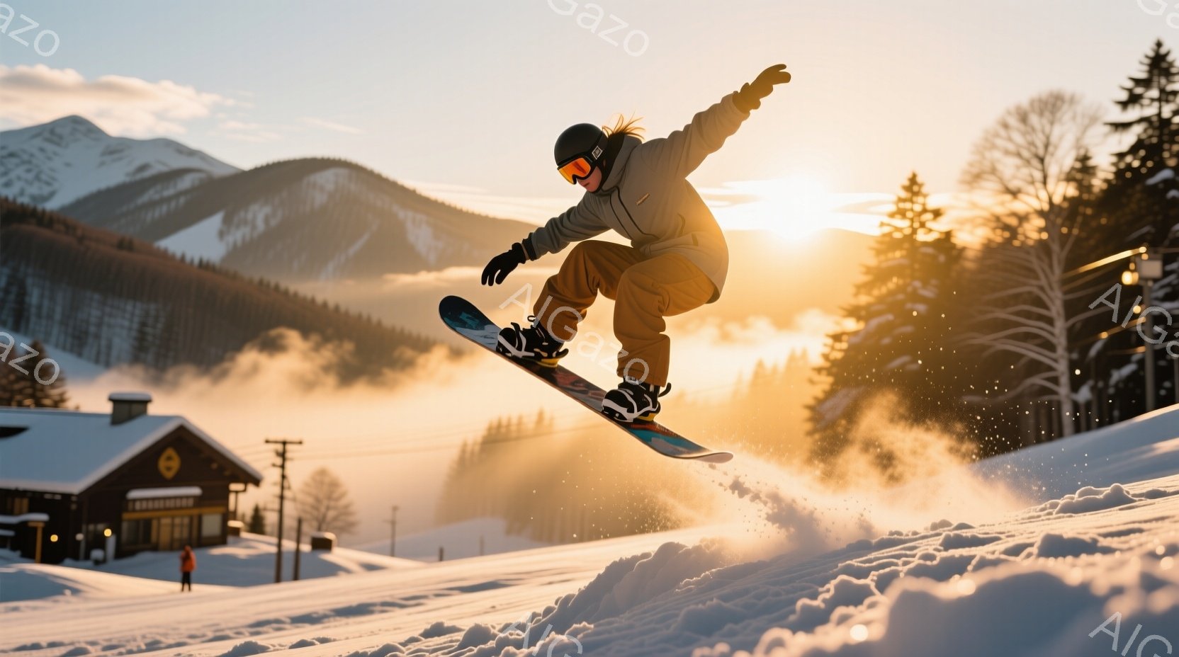 スノーボーダーが空中トリックを決めている瞬間を捉えた写真です。彼は茶色のヘアスタイルで、黒いゴーグルとヘルメットを着用し、オレンジ色のジャケットと茶色のズボンを身につけています。背景には雪をまとった山々と木々、そして小さな建物が見え、夕日のような暖かな光が降り注ぎ、躍動感と爽やかな冬の雰囲気を醸し出しています。