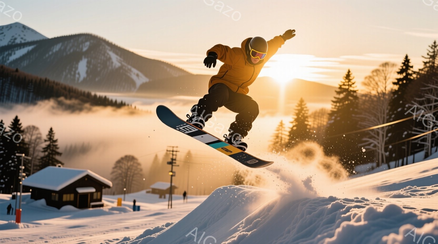 スノーボーダーが雪山でジャンプしている写真です。彼はオレンジ色のジャケットと黒いズボンを着用し、ヘルメットとゴーグルで頭部を保護しています。背景には雪化粧した建物、針葉樹林、そして夕日に照らされた山々が広がり、冬の澄んだ空気と活気あるアクションが感じられます。