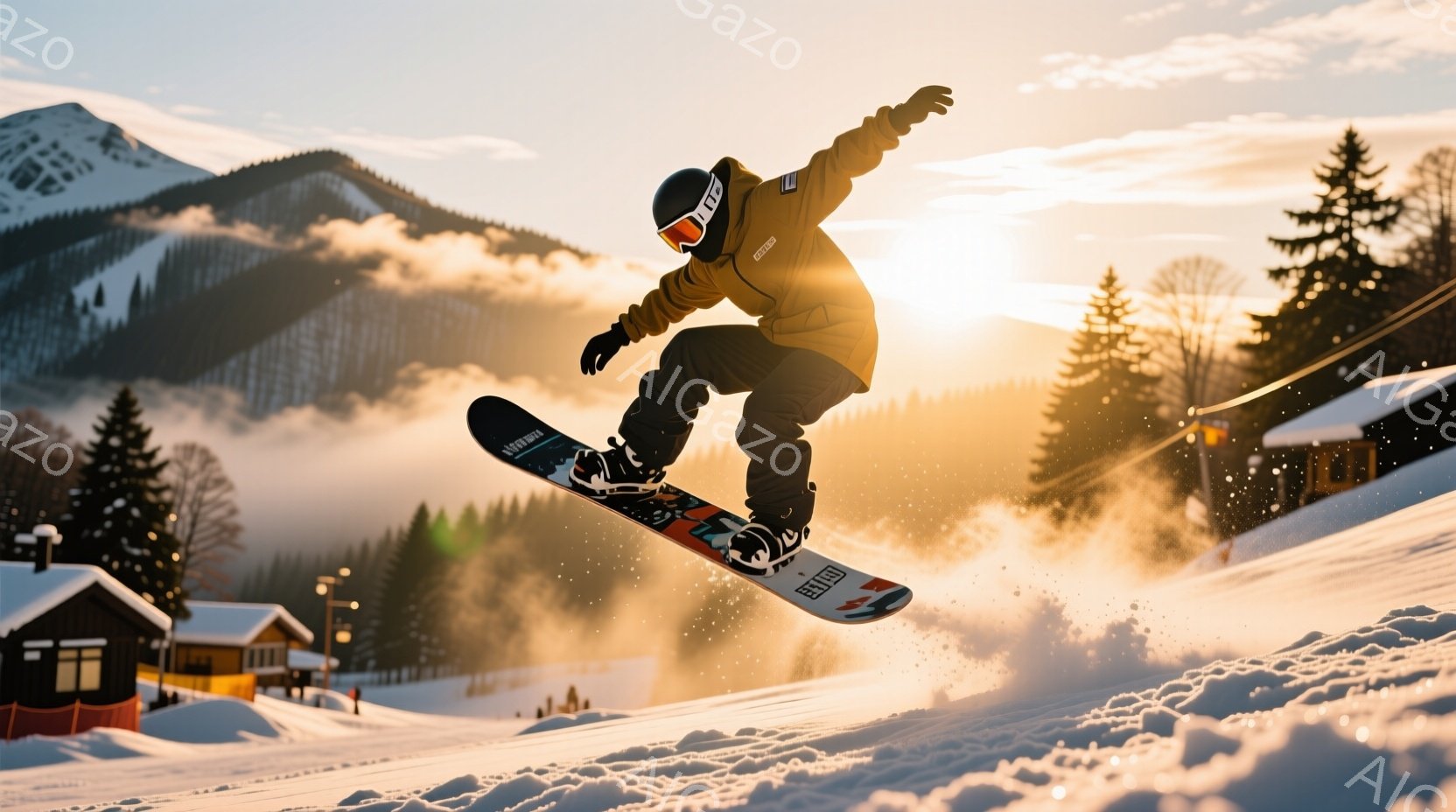 スノーボーダーが雪上を飛び跳ねている様子が捉えられた写真です。彼は黒いヘルメットとゴーグルを着用し、オレンジと黒のウェアを着ています。背景には雪を頂いた山々と、屋根に雪が積もった可愛らしい建物が見え、 - AI生成フリー素材