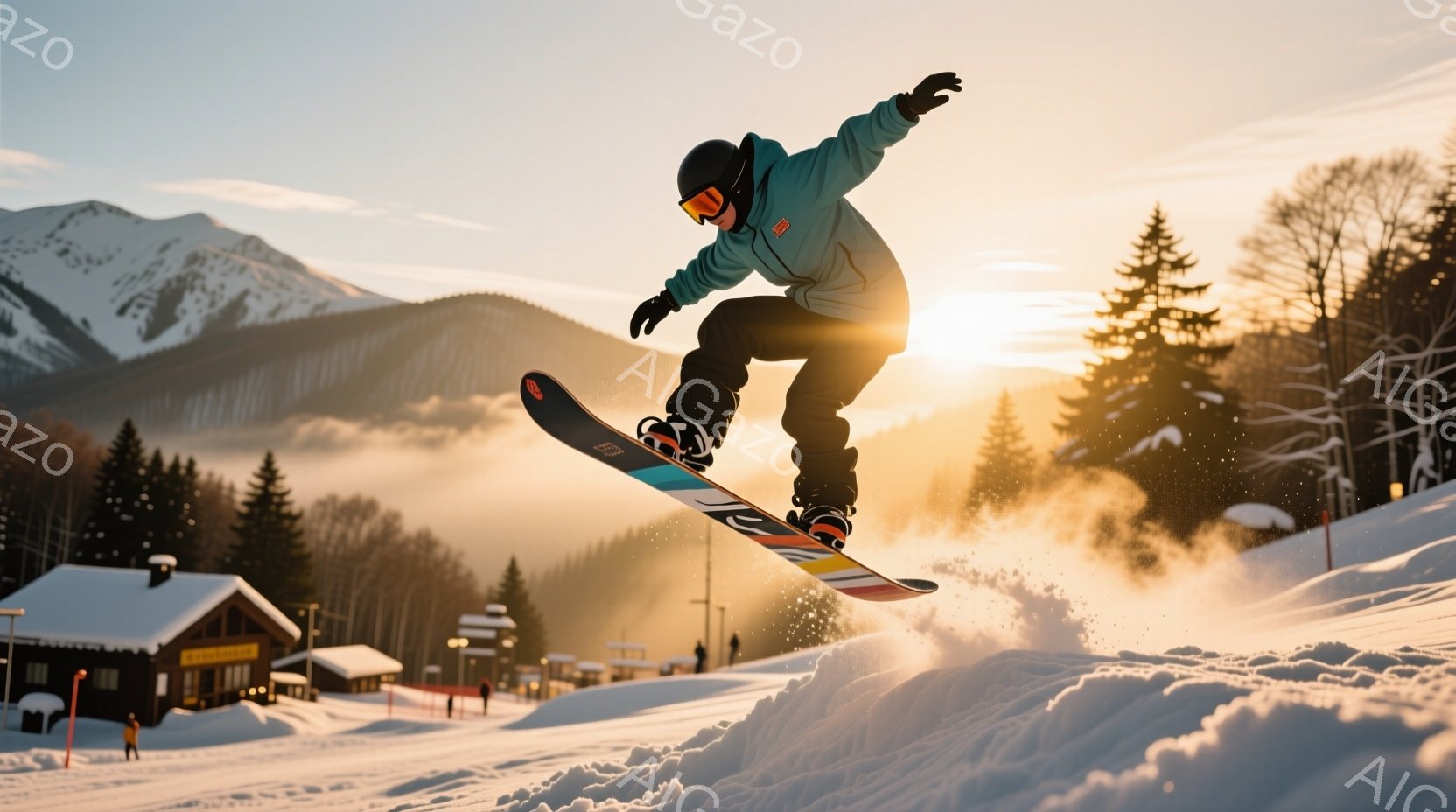 スノーボーダーが雪上を飛び跳ねている様子が捉えられた写真です。彼はターコイズブルーのジャケットと黒いズボンを着用し、ヘルメットを被っています。背景には雪をまとった山々と建物、そして夕日のような光が差し込み、冬のダイナミックな雰囲気を醸し出しています。