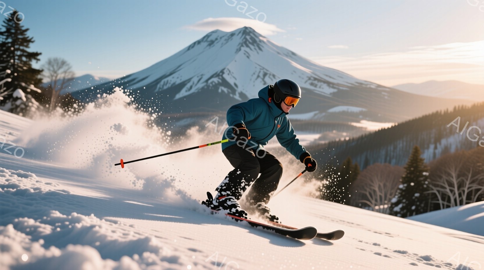 スキーヤーが雪山を滑走している様子が写っている。彼は青色のジャケット、黒色のスキーパンツ、ヘルメットとゴーグルを着用し、スピード感のある滑りをしている。背景には雪を頂いた山々と針葉樹林が広がり、晴天の - AI生成フリー素材