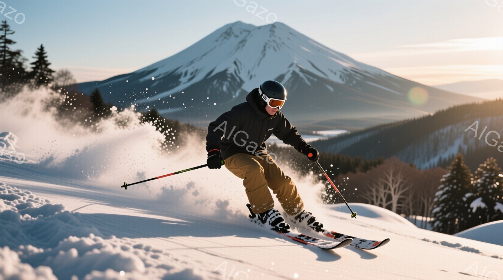 スキーヤーが雪山を滑走している様子が捉えられています。彼は黒のスキーウェアにオレンジ色のズボンを着用し、ヘルメットとゴーグルを付けています。背景には雪をまとった山々が広がり、晴天の下、粉雪が舞う冬の景 - AI生成フリー素材