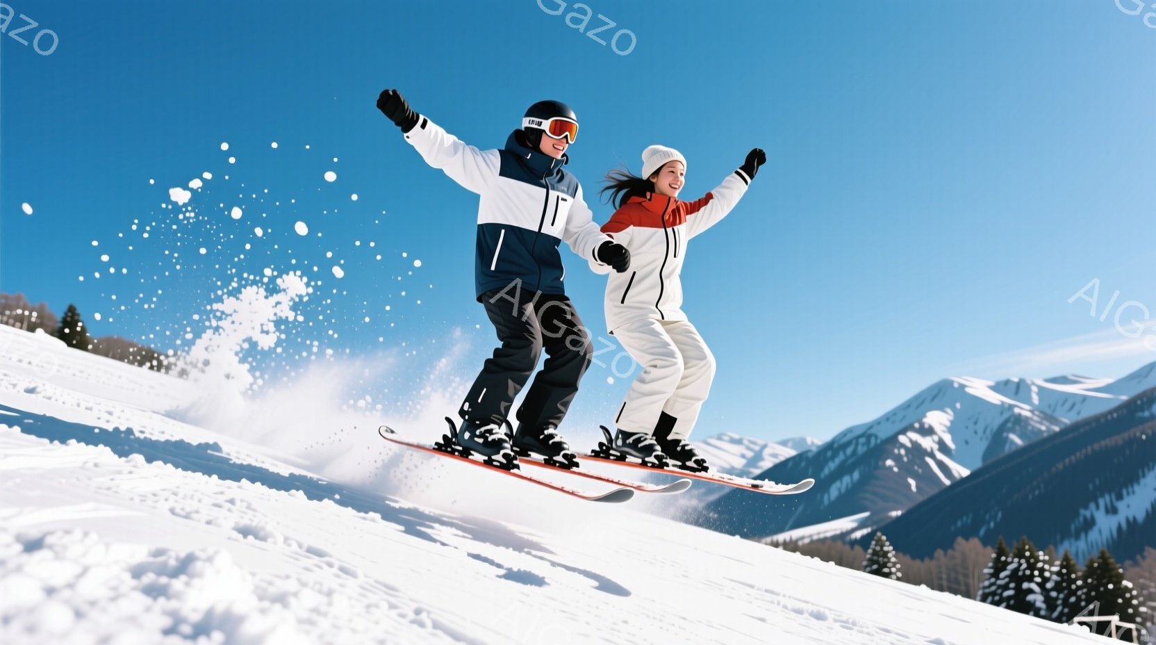 雪山を滑走する男女が写っています。男性は黒と白のスキーウェアに黒いヘルメットとゴーグルを着用し、女性は白いスキーウェアにピンクの帽子をかぶり、笑顔で両手を上げています。背景には雪を頂いた山々が広がり、 - AI生成フリー素材