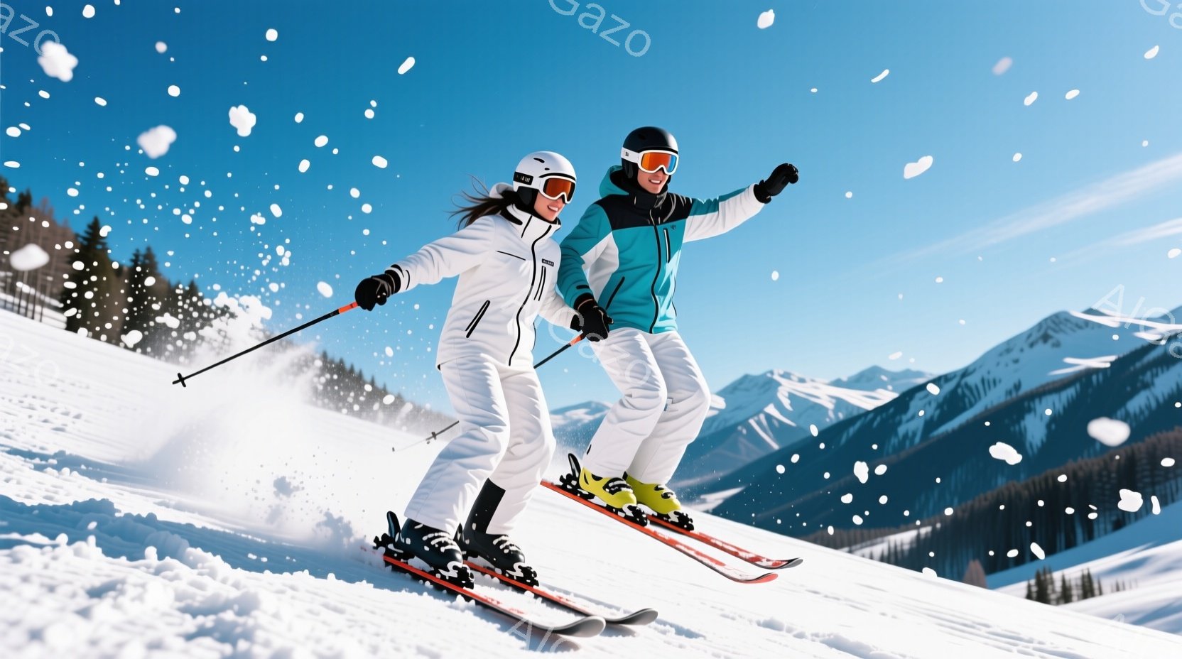 雪山をスキーで滑走する男女が写っている。女性は白いスキーウェアに黒い髪を頭の後ろでまとめ、男性はターコイズブルーのスキーウェアを着ている。背景には雪をまとった山々が広がり、晴天の下、活気ある冬の雰囲気が漂っている。