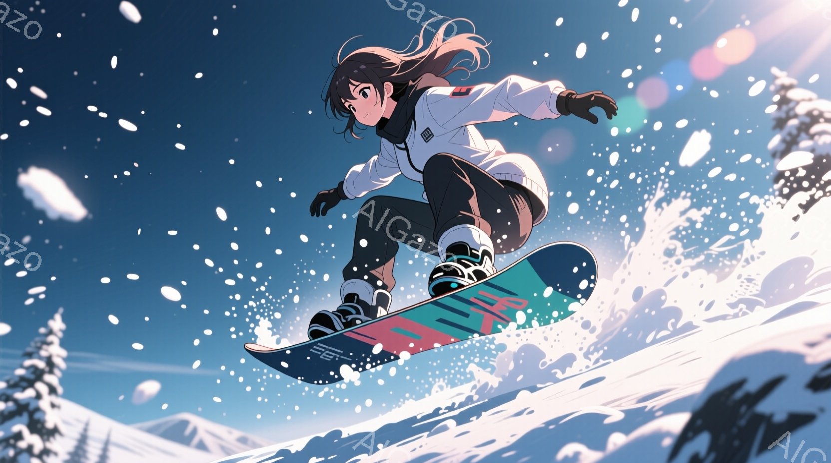 スノーボードをする少女が描かれています。彼女は黒髪で、白いジャケットと黒いズボンを着用し、雪上を躍動的に滑っています。背景には雪山と松の木が見え、雪が舞い散る冬の景色が広がっています。