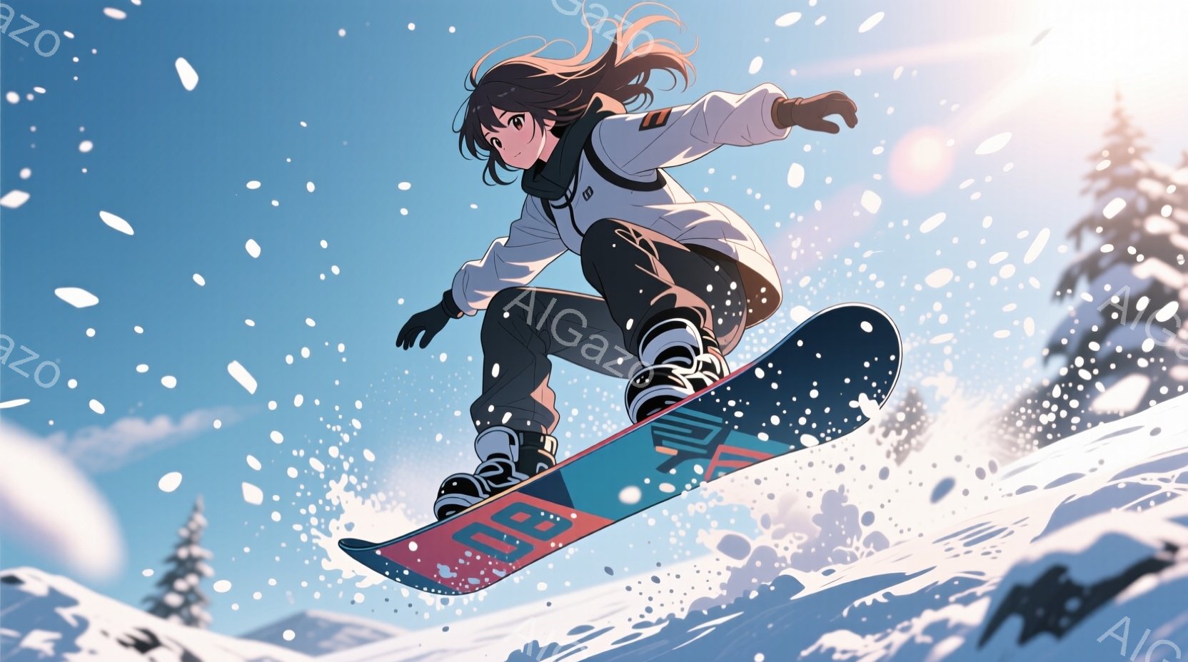 スノーボードに乗った若い女性が描かれています。彼女は黒髪をポニーテールにし、白いジャケットと黒いズボンを着用しています。背景には雪山と青空が広がり、雪が舞い散る様子が描かれており、躍動感と爽やかな冬の - AI生成フリー素材