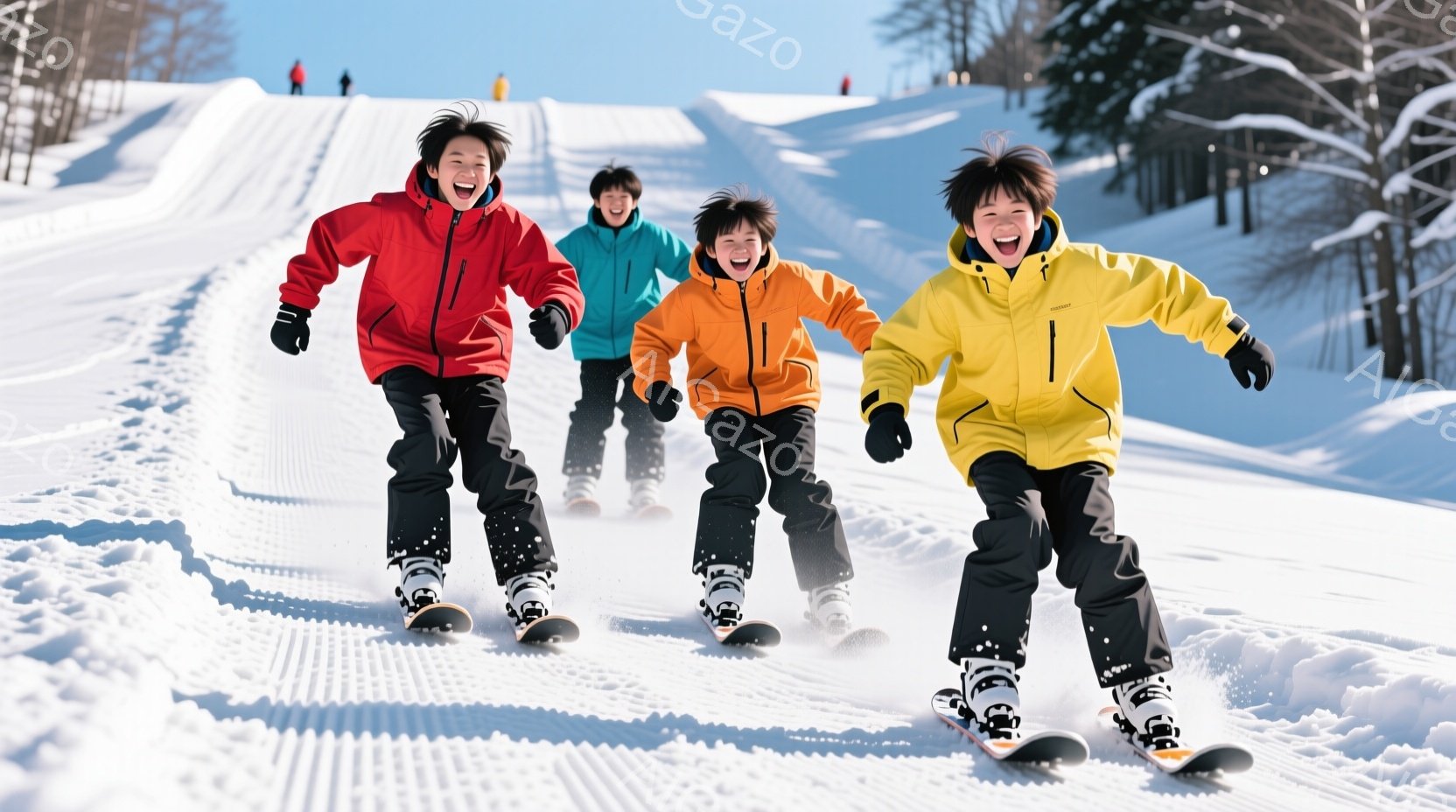雪山を滑走する4人の子供たちが写っている。赤、オレンジ、青、黄色とそれぞれ異なる色のスキーウェアを着用し、全員笑顔で前を見据えている。背景には白い雪と木々が広がり、晴天のスキー場という冬の雰囲気が伝わ - AI生成フリー素材