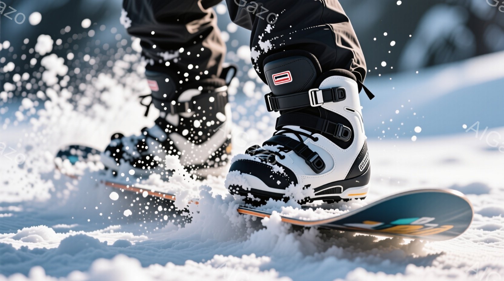 スノーボードのブーツとボードが雪煙を上げている様子が写っている。ブーツは白と黒で、ボードは青と黒のデザインで、雪面とのコントラストが鮮やかだ。雪は舞っており、アクティブな冬のシーンを強調している。
