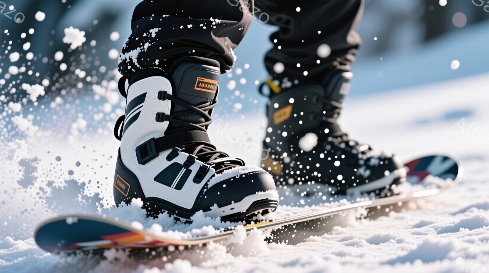 雪の上をスノーボードで滑走している様子を捉えた写真です。黒と白のコントラストが際立つスノーボードブーツは、鮮やかなオレンジ色のボードと組み合わされています。雪が舞い上がり、ダイナミックなアクションと冬の活気ある雰囲気が伝わってきます。