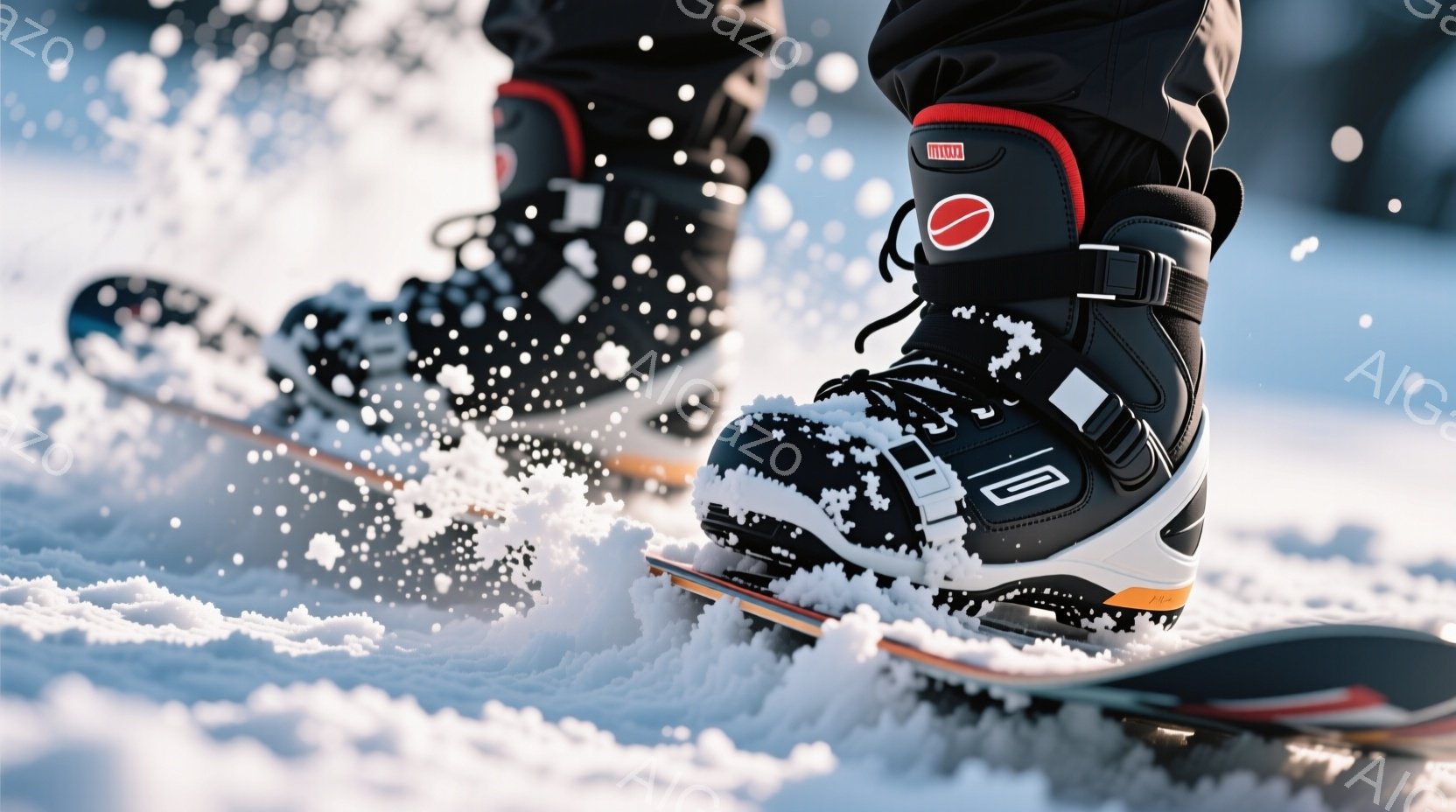 雪上を滑るスノーボーダーの足元を捉えた写真です。黒いスノーボードブーツは雪煙を上げながらボードの上に乗っており、強いグリップ力とスピード感を表現しています。背景は一面の雪景色で、冬のダイナミックなアクティビティの瞬間を切り取っています。