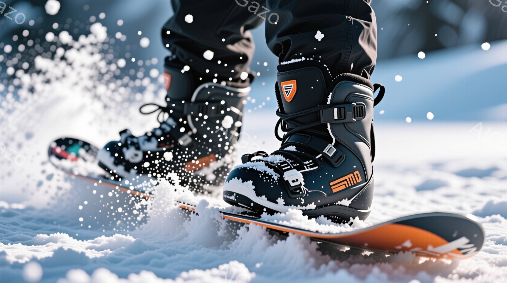 雪上を滑走するスノーボーダーの足元を捉えた写真です。黒いスノーボードブーツは鮮やかなオレンジ色のボードに固定されており、雪が舞い上がってアクションシーンを強調しています。背景は雪景色で、冬のスピード感と躍動感あふれる瞬間が表現されています。