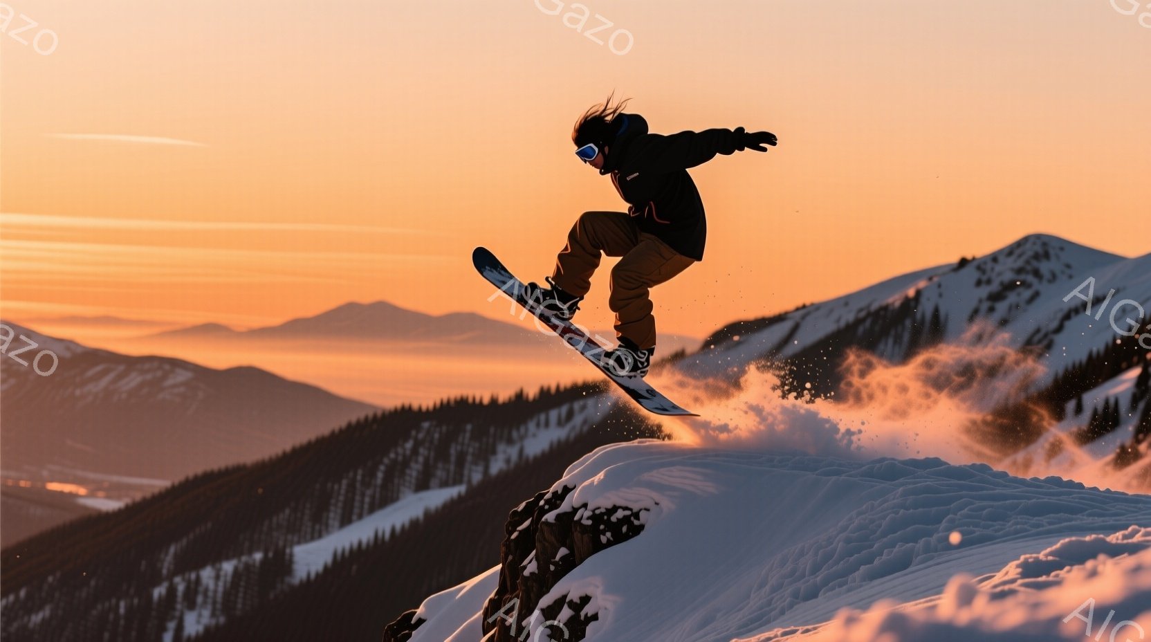 スノーボーダーが雪山の上空でジャンプしている様子が捉えられています。彼は黒いジャケットと茶色のズボンを着用し、ヘルメットを被って髪は少し見えています。背景には、雪をまとった山々が連なり、夕焼けのような - AI生成フリー素材