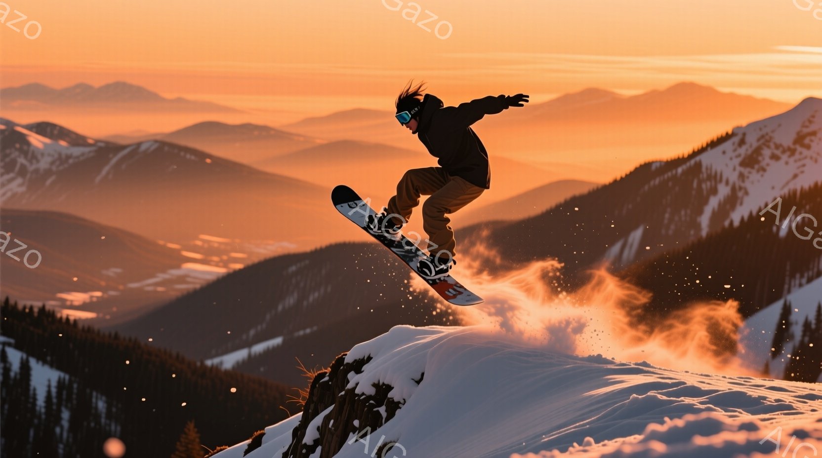 スノーボーダーが雪山で空中で技を繰り出している様子が捉えられています。彼は黒いゴーグルと帽子を着用し、濃い茶色のスノーボードウェアを着ています。背景には雪をまとった山々が連なり、夕焼けのようなオレンジ色の空が広がっていて、活気と爽快感に満ちた雰囲気です。