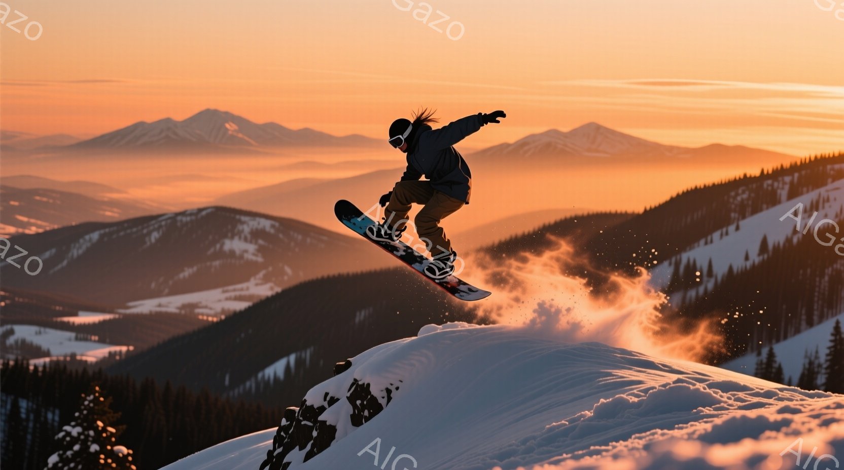 スノーボーダーが雪山で高くジャンプしている瞬間を捉えた写真です。彼は黒いゴーグルとフード付きのジャケット、そしてダークカラーのズボンを着用し、空中で体を大きく開いています。背景には、夕焼けに照らされた雪をまとった山々が連なり、暖かくダイナミックな雰囲気を醸し出しています。
