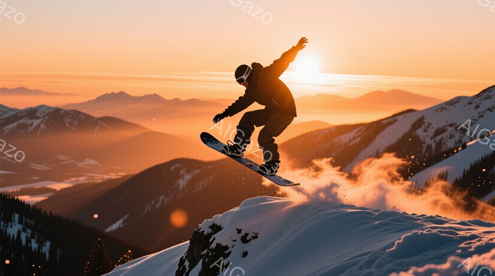 スノーボーダーが雪山で空中トリックを決めている様子が捉えられています。黒いウェアとゴーグルを着用し、鮮やかな夕焼け空を背景に躍動感あふれる姿勢を見せています。遠景には山々が連なり、雪煙が舞う冬の風景が広がっています。