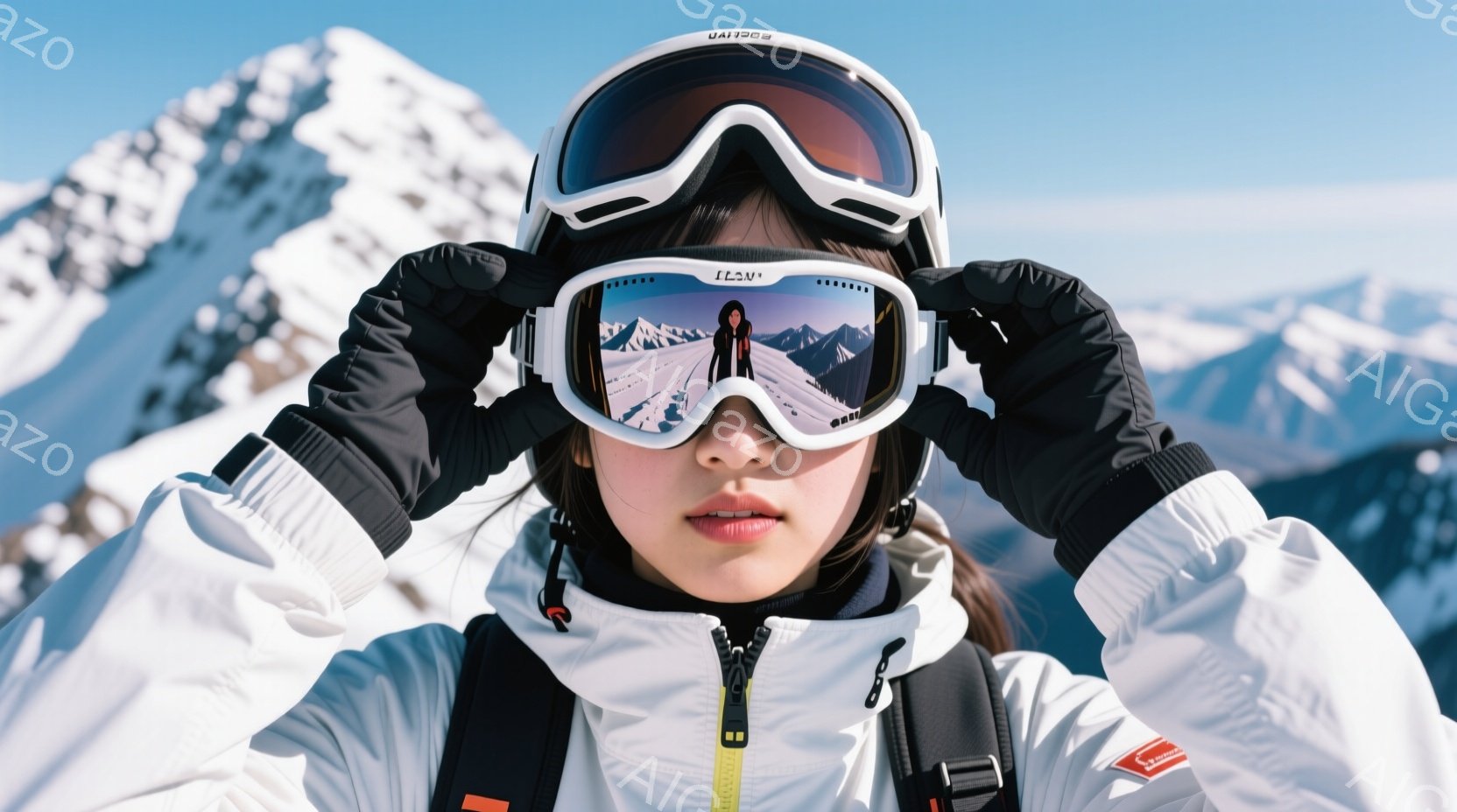 白いスキーウェアに黒い手袋を着用した女性が、ゴーグルをかけて正面を見ている。彼女はポニーテールで、唇は少し開いており、落ち着いた表情をしている。背景には雪山が広がっており、晴天の下、冬のスキーリゾート - AI生成フリー素材