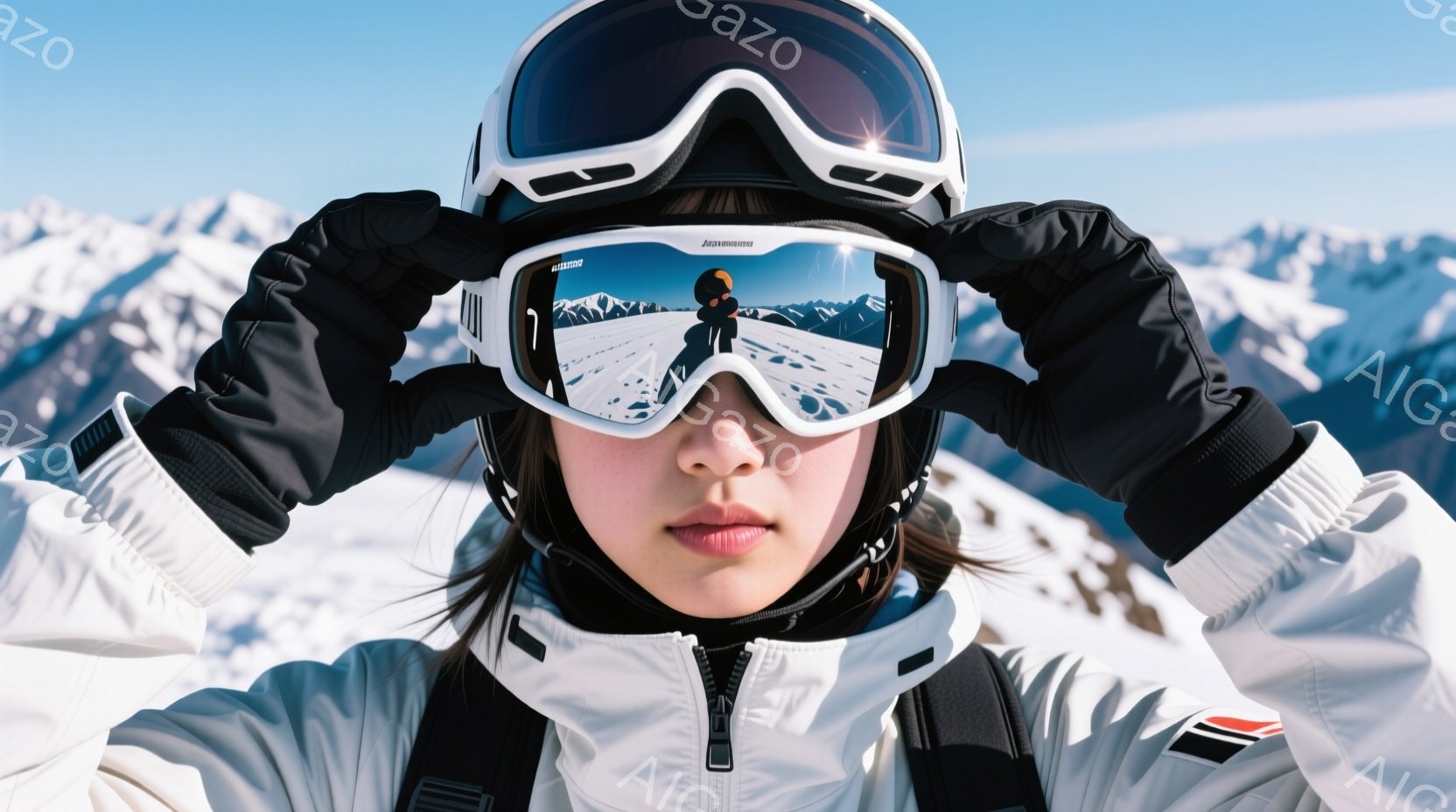 スキーゴーグルを装着した女性のクローズアップ写真です。彼女は白いスキーウェアを着ており、黒い髪をゴーグルから覗かせています。背景には雪山が広がり、晴天の下、冬のスキーシーンを思わせる雰囲気です。