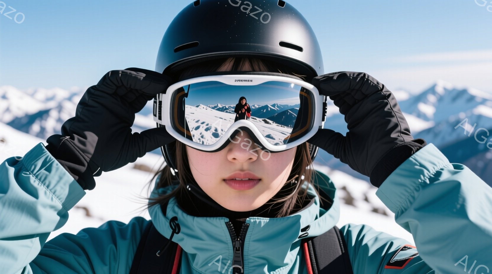 鮮やかなターコイズブルーのスキーウェアに黒のヘルメットと手袋を着用した女性が写っています。ゴーグルのレンズには雪山が映り込み、彼女はやや口を開けてカメラを見つめています。背景には雪を抱いた山々が広がり - AI生成フリー素材