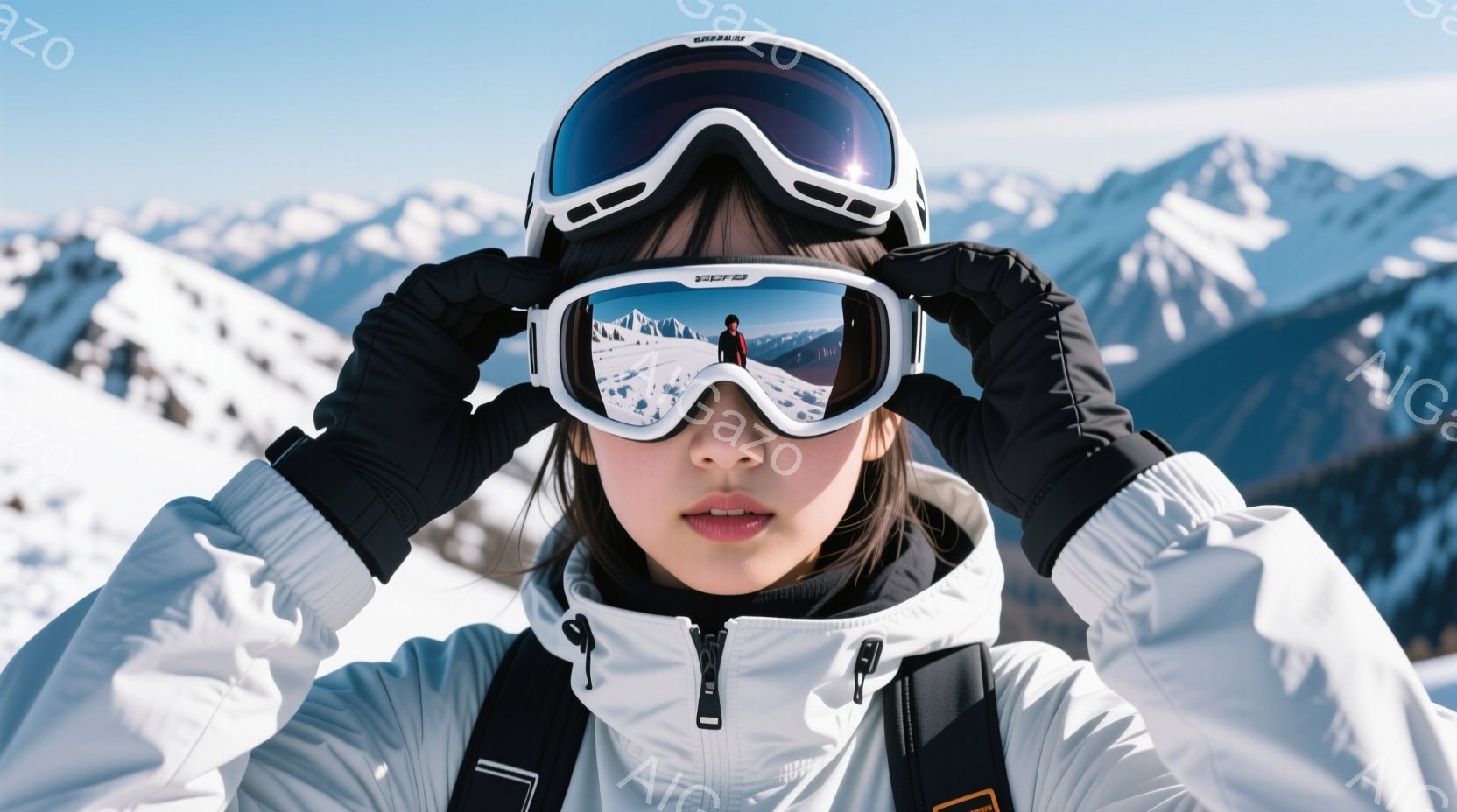 スキーゴーグルを装着した若い女性が写っている。白いスキーウェアと黒い手袋を身に着け、黒髪をゴーグルから覗かせている表情は真剣で、少し微笑んでいるように見える。背景には雪山が広がり、晴天の下、冬の澄んだ空気が漂う、爽やかな雰囲気の写真である。