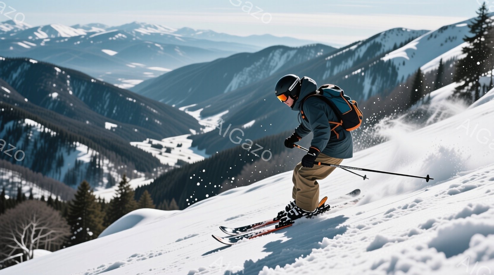 スキーヤーが雪山を滑降している様子が写っている。彼はベージュ色のズボンに、グレーと黒のスキーウェア、黒のヘルメットとゴーグルを着用し、背中に青いバックパックを背負っている。背景には雪をまとった山々が連なり、晴天の下、爽やかな冬の雰囲気が漂っている。