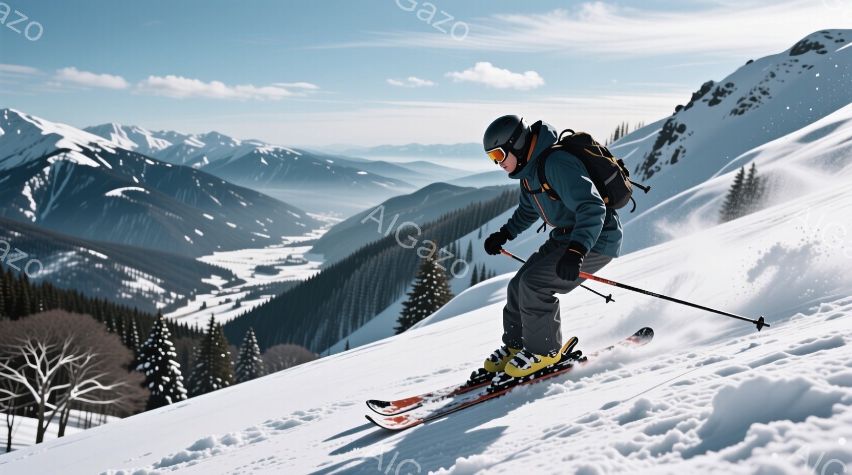 スキーヤーは、雪山を滑走中です。彼は黒いヘルメットとゴーグルを着用し、青と黒のスキーウェア、そして背中にバックパックを背負っています。背景には雪に覆われた山々が連なり、晴天の下、爽やかな冬の風景が広がっています。