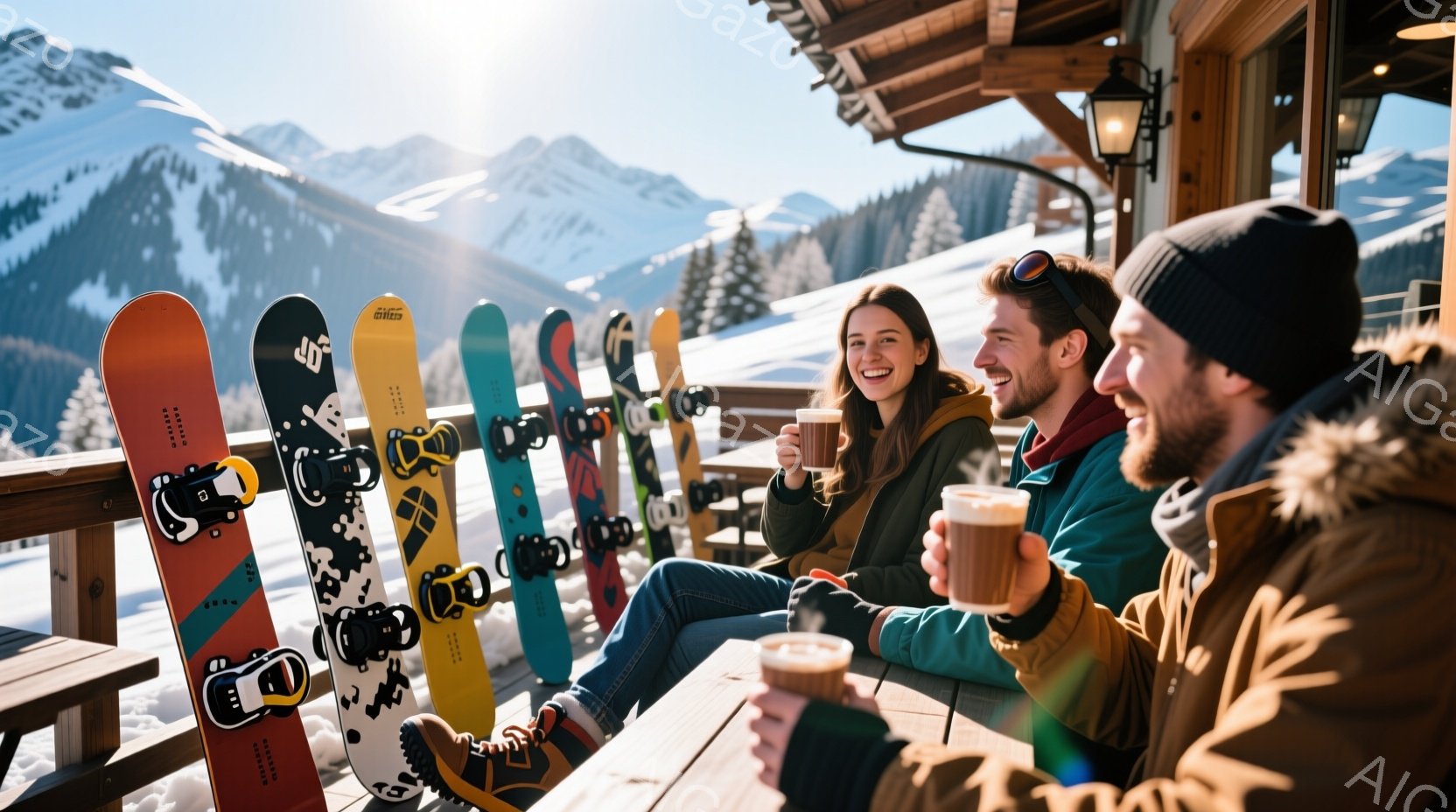 晴れた日のスキーリゾートで、若い男女がベンチに座り、温かい飲み物を楽しんでいます。女性は茶色の髪を後ろでまとめ、笑顔でカップを見つめており、男性はニット帽をかぶり、リラックスした表情で飲み物を手にして - AI生成フリー素材