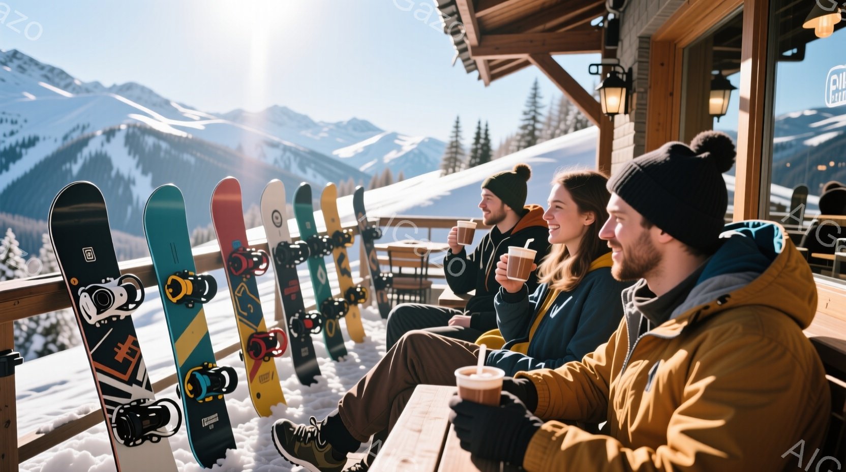 雪山を背景に、スキー板が並べられたバルコニーで、若い男女が温かい飲み物を楽しんでいます。女性は黒髪を後ろで束ね、笑顔で横を向き、男性はひげを生やし、ニット帽をかぶり、飲み物に視線を落としています。晴天 - AI生成フリー素材