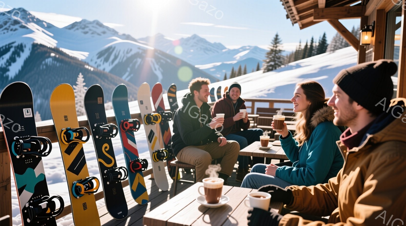 スノーボードが並べられたデッキで、３人の若者がコーヒーを飲みながら楽しそうに談笑している。日差しが降り注ぎ、背景には雪をまとった山々が連なり、冬の暖かな午後のような穏やかな雰囲気が漂っている。彼らはカジュアルな冬物ウェアを身につけ、リラックスした表情でくつろいでいる。