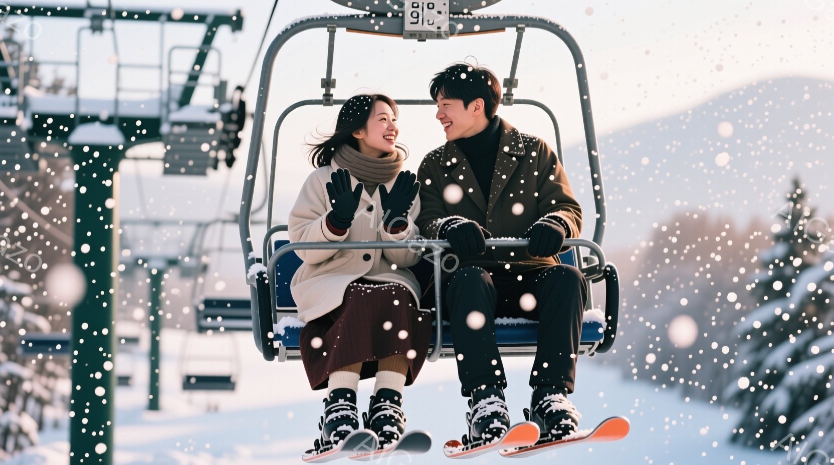 雪が降るスキー場で、リフトに乗った若い男女が写っている。女性は白いコートに赤いスカート、男性は黒のコートを着ており、お互いを見つめ合い笑顔を浮かべている。背景には雪をまとった山々が広がり、冬の暖かく幸 - AI生成フリー素材