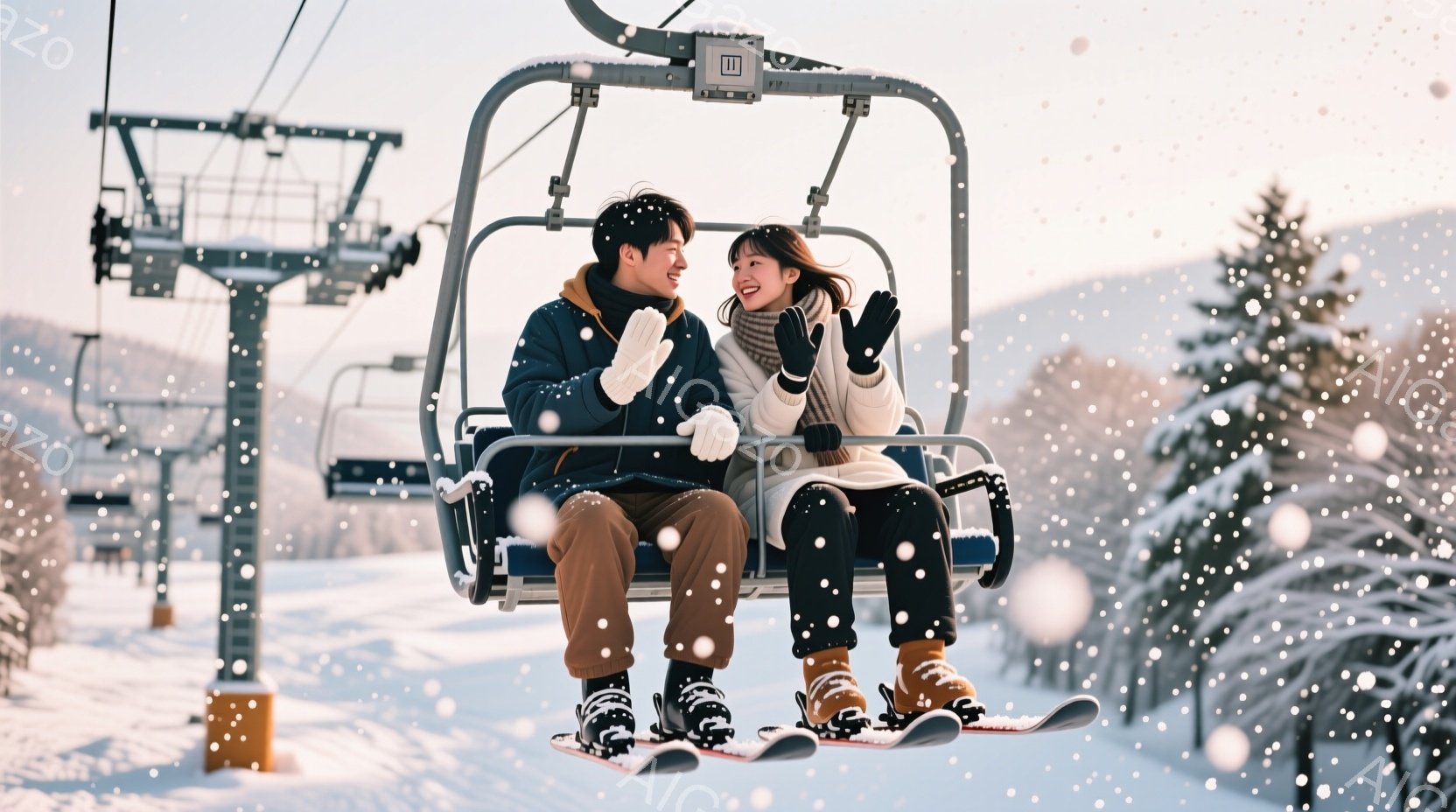 雪が舞うスキー場で、若い男女がリフトに乗って笑顔で話しています。男性は黒いジャケットとパンツ、女性は白いコートとスカーフで、どちらもスキーブーツを履いています。背景には雪に覆われた山々とスキーリフトの - AI生成フリー素材