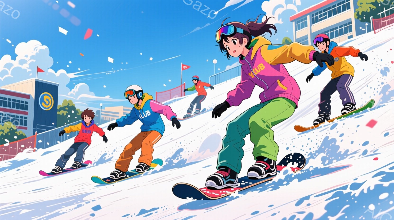 スキー場でスノーボードを楽しむ若者たちが描かれています。それぞれ明るい色のスキーウェアを着用し、ポニーテールや短い髪型で活発な印象を与えています。背景には雪山と建物が見え、雪が舞う冬の晴れた日の爽やかな雰囲気が伝わってきます。