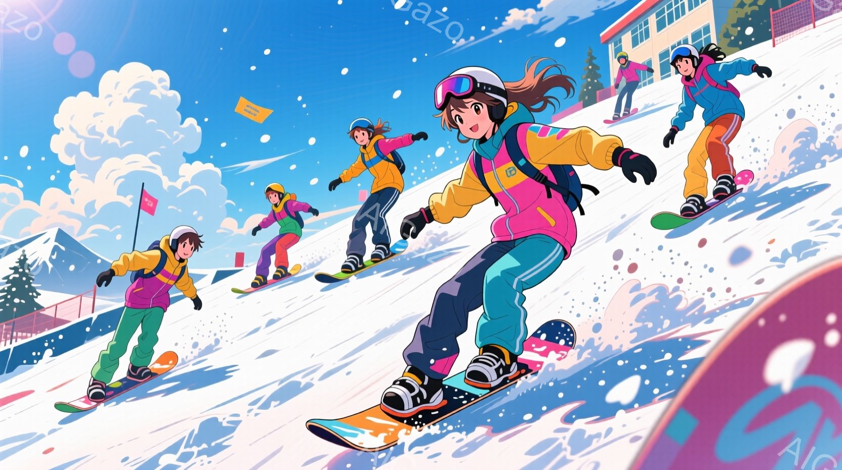 スノーボードを楽しむ若い女性たちが描かれており、それぞれ鮮やかな色のスキーウェアとブーツを着用しています。彼女たちは皆、滑降の姿勢で、笑顔はなく表情はシンプルで、スノーボードを楽しんでいる様子が伺えま - AI生成フリー素材