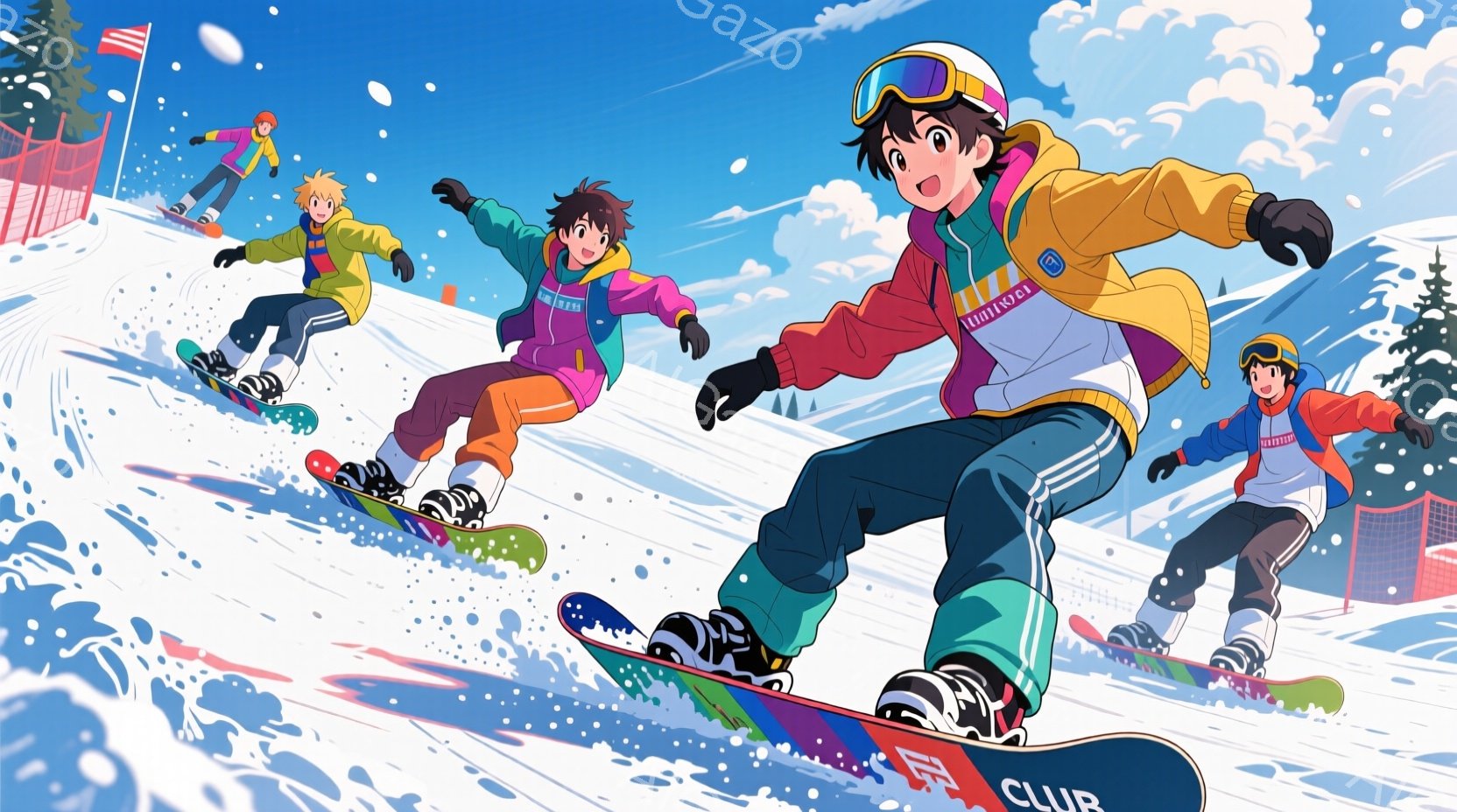 鮮やかなスキー場で、四人の若者がスノーボードを楽しんでいるイラストです。それぞれ異なる色のスキーウェアを着用し、活発な表情で急斜面を滑り降りています。背景には雪山と青空が広がり、スピード感と爽やかな冬 - AI生成フリー素材