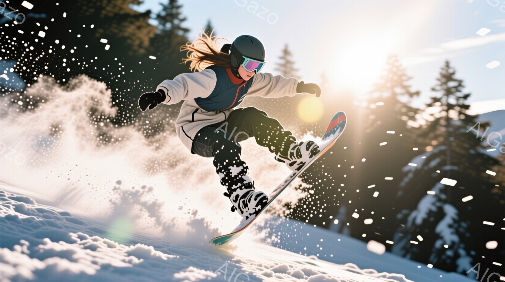 スノーボードをする女性が写っています。彼女は黒いヘルメットとゴーグルを着用し、白いジャケットと黒いズボンを身に着けています。背景には雪に覆われた木々と白い雪が舞う冬の景色が広がり、躍動感あふれる瞬間を - AI生成フリー素材