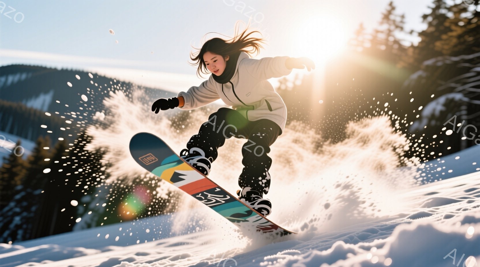 雪山をスノーボードで滑る女性が写っています。彼女は黒髪を後ろでポニーテールにし、白いジャケットと黒いズボンを着用し、楽しそうな表情をしています。背景には雪に覆われた山々と、太陽の光が差し込む晴天の空が広がっており、躍動感あふれる冬の情景が表現されています。