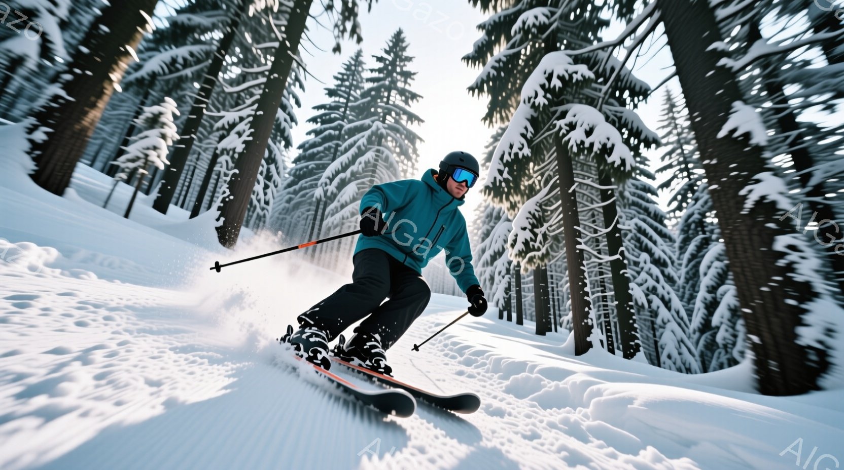 スキーヤーが雪山を滑走している様子が捉えられています。青色のスキーウェアと黒いヘルメットを着用し、顔はゴーグルで覆われています。背景には雪をまとった木々が立ち並び、雪煙が舞う冬の景色が広がっています。