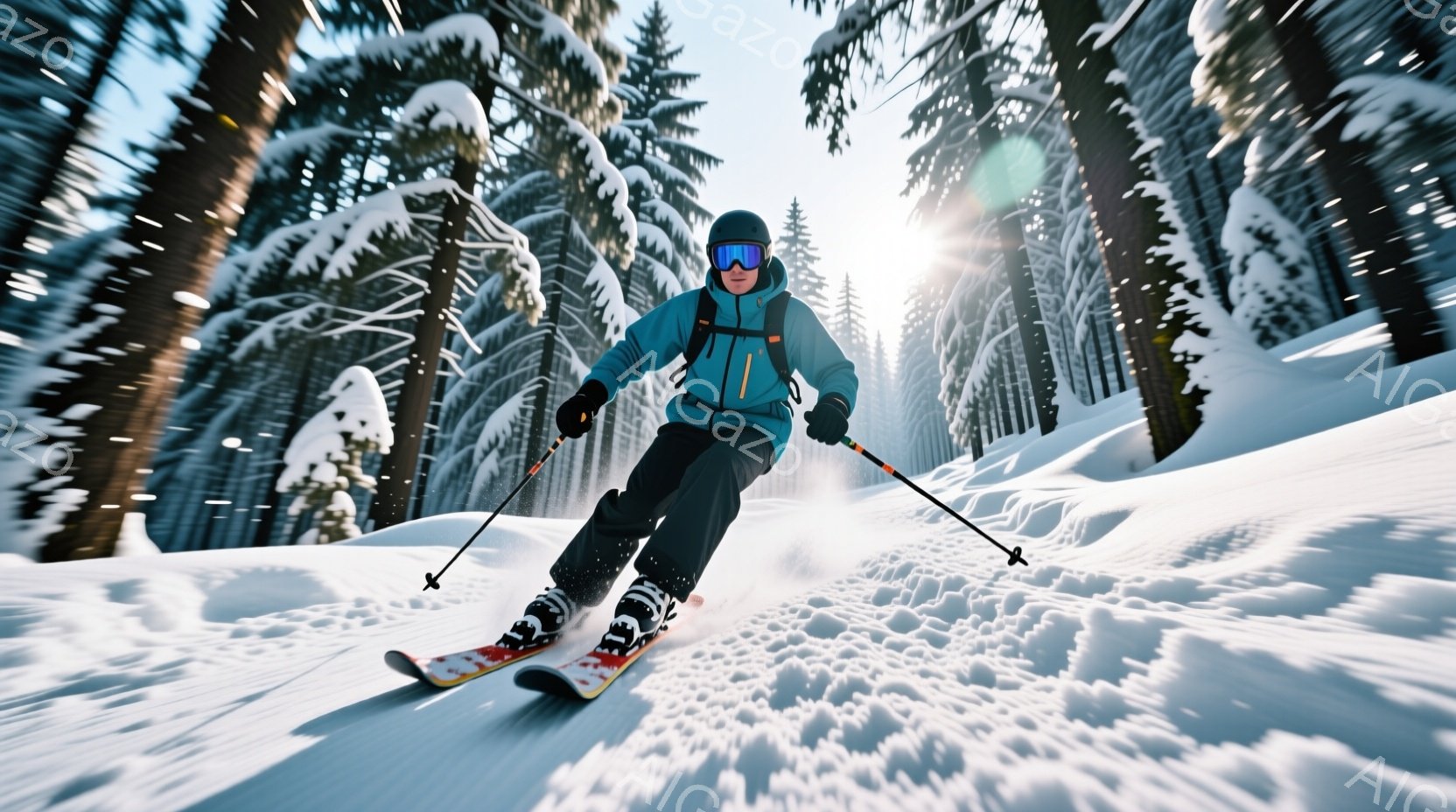 スキーヤーが雪山を高速で滑走している様子が捉えられています。彼は黒いヘルメットとゴーグルを着用し、青と黒のスキーウェア、そして鮮やかな色のスキー板を使用しています。背景には雪に覆われた針葉樹林が広がり、太陽の光が雪面で反射し、冬の活気と爽やかさを表現しています。