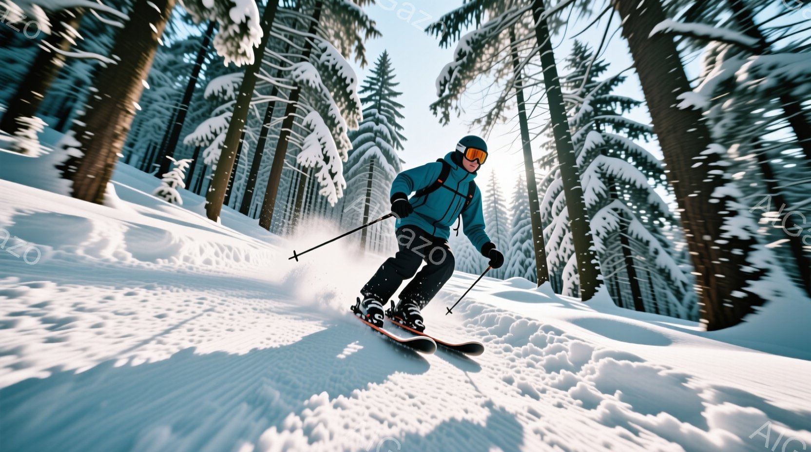 スキーヤーが雪の上を滑っている様子が捉えられています。彼は青色のスキーウェア、黒いヘルメット、ゴーグルを着用しており、スピード感のあるポーズでスキーを楽しんでいるようです。背景には雪をまとった木々が立ち並び、晴天の下、冬の爽やかな雰囲気が漂っています。